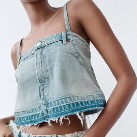 ZARA Skirt Effect Crop Denim Spaghetti Straps Jean Tank Top L - Picture 2 of 16